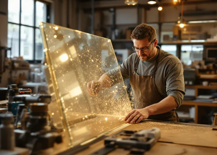 Artisan vitrier coupant une plaque de verre sur mesure en atelier à Gatineau